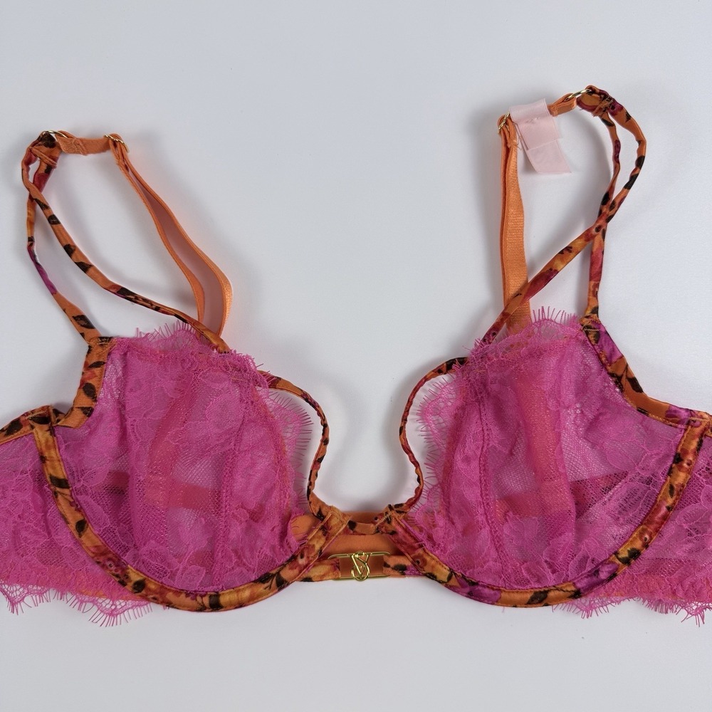 Victoria's Secret Very Sexy Unlined Tropical Satin Lace Demi Bra 36B Fuchsia